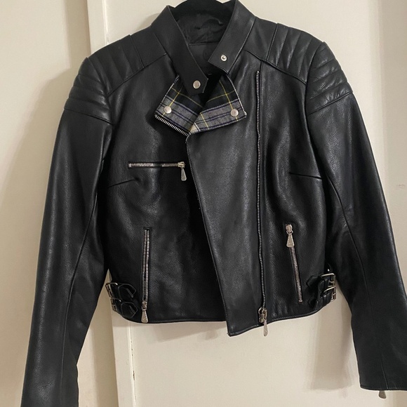 Alexander McQueen Black Leather Jacket with Plaid Trim Size